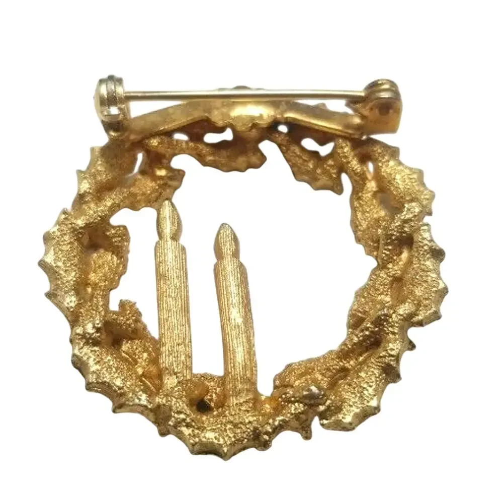 Vintage Brooch Christmas Wreath, Candles Pin Gold Tone Red Rhinestone, Gift Box
